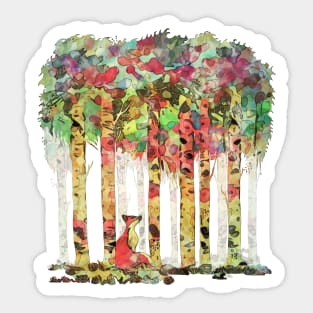 Tree  birch forest and sweet fox,  watercolor effect Sticker